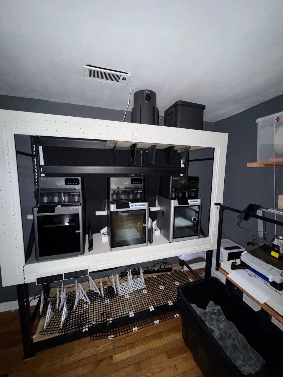 ADP Industries print lab — Bambu Lab printers with SUNLU dryers and AMS units